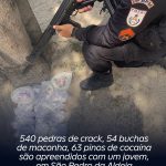 540 pedras de crack, 54 buchas de maconha, 63 pinos de cocaína são apreendidos com um jovem, em São Pedro da Aldeia