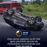 Dois carros capotam na RJ-106 após caminhão desviar de motociclista na contramão que fugia da polícia