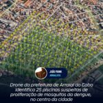 Drone da prefeitura de Arraial do Cabo identifica 25 piscinas suspeitas de proliferação de mosquitos da dengue, no centro da cidade