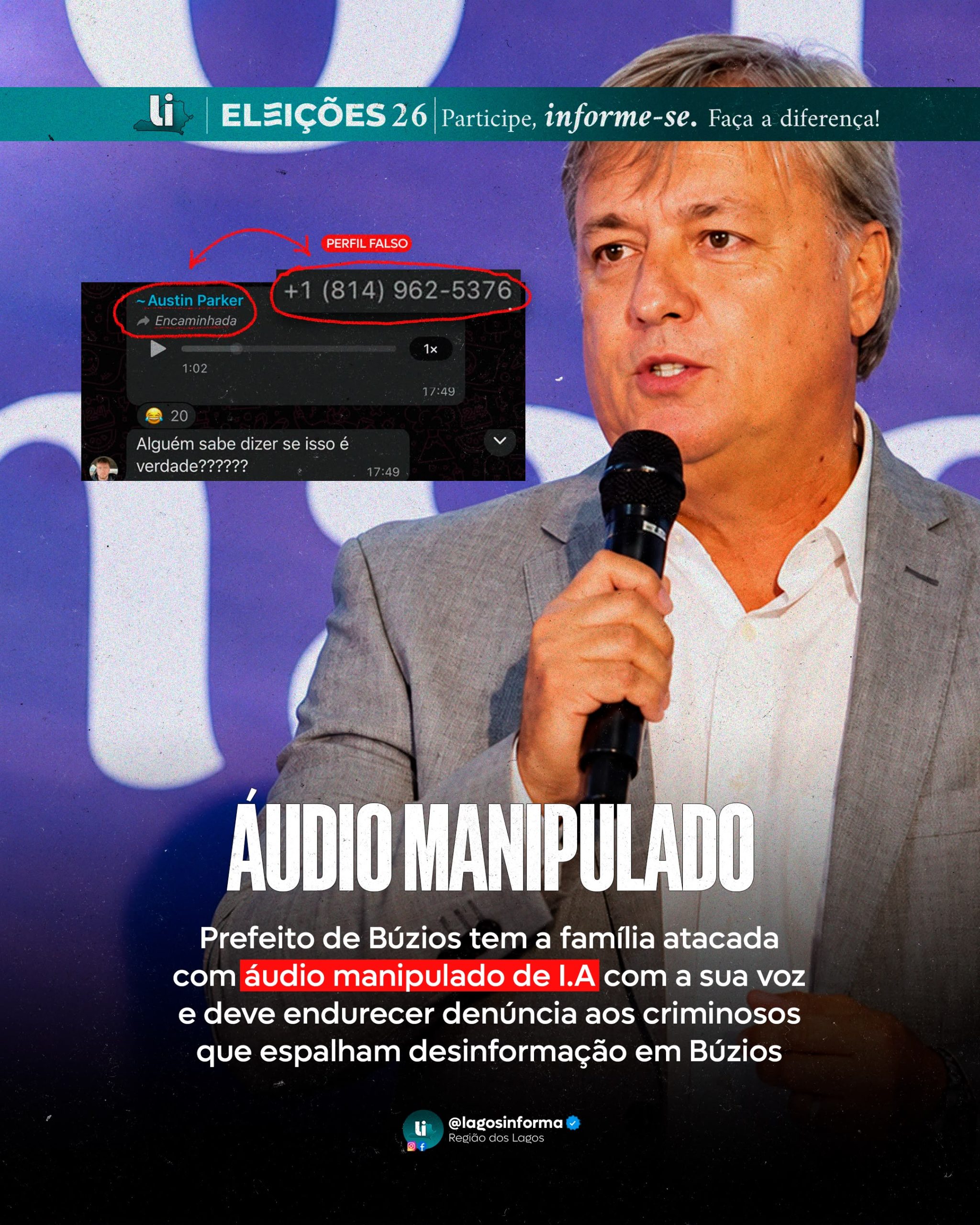 Áudio atribuído a prefeito de Búzios circula com indícios de manipulação por IA e acende alerta para desinformação política por criminosos e analfabetos funcionais