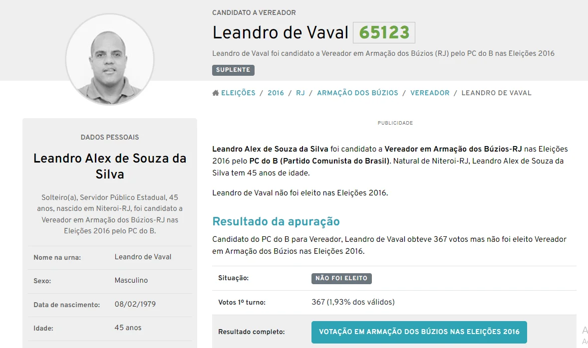 Documento oficial revela a filiação de Leandro do Bope candidato a vereador pelo Partido Comunista do Brasil (PCdoB) em 2016.